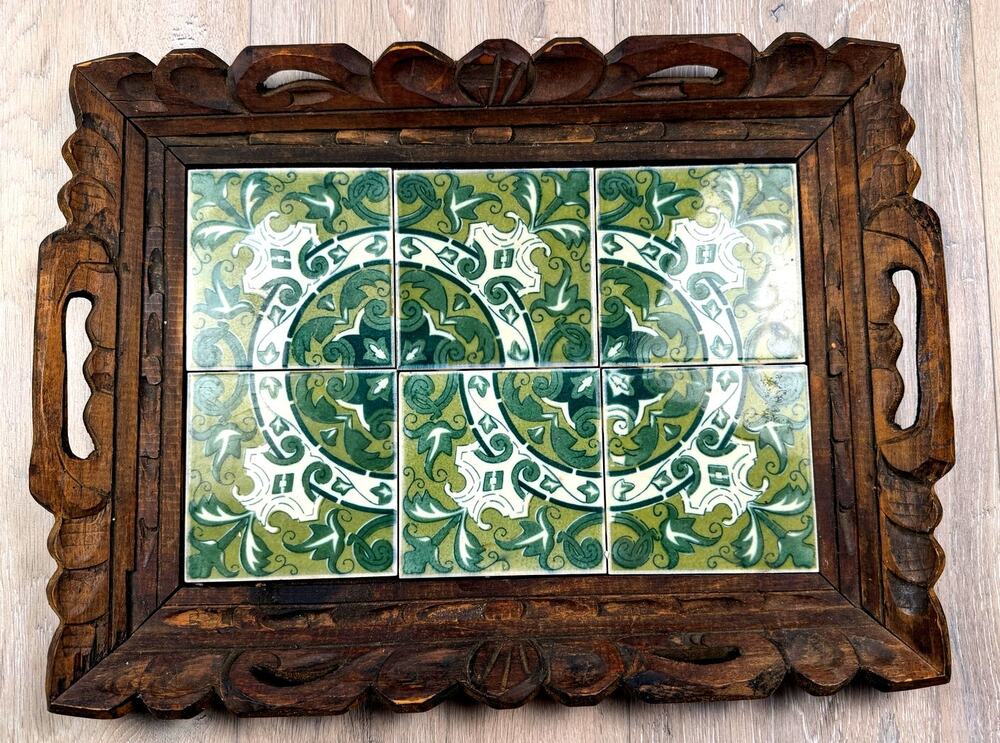 Vintage Carved Wood Tile Tray Art Nouveau Green Ceramic Handled Vanity Tray